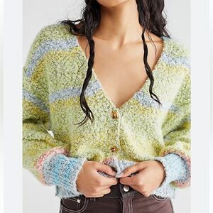 Free People Pastel Green Multicolor Bouclé Cardigan